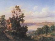 unknow artist, Landscape with a lake and a gothic church.